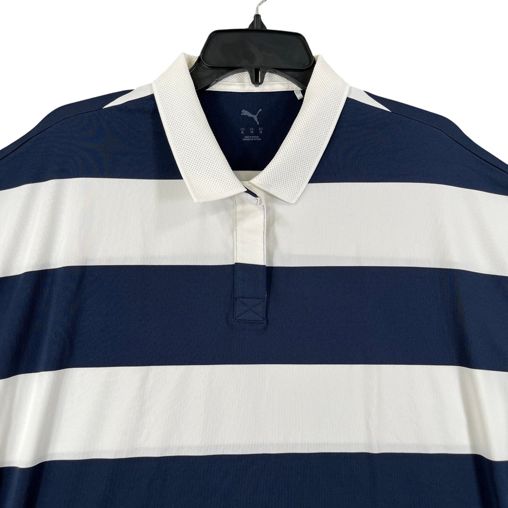Puma Polo Shirt Womens XL Navy White Stripe Oversized Short Sleeve Mesh Collar